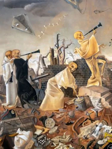 Skeletons playing horns and drums (detail), Felix Nussbaum, Triumph of Death (The Skeletons Play for the Dance), 1944