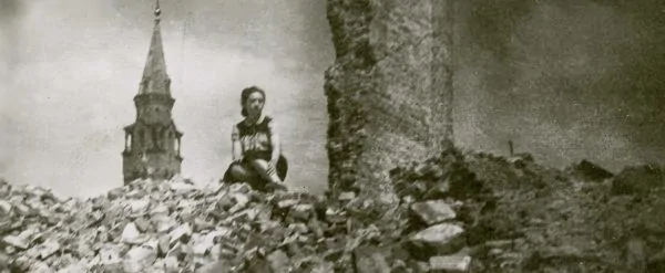 Hannah Fryshdorf amid the ruins of the Warsaw Ghetto, Poland, c. 1945