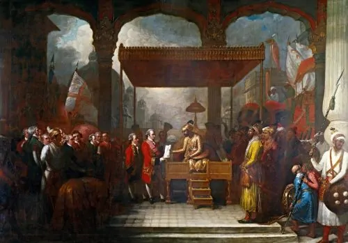 Robert Clive receiving the grant of the Diwani (revenue administration) from Emperor Shah Alam II, 1765