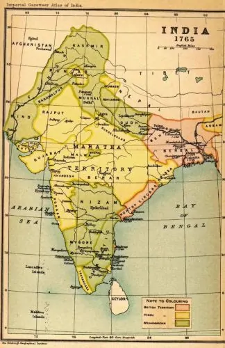 India in 1765, showing the major towns in Bengal and the years in which they had been annexed by the British