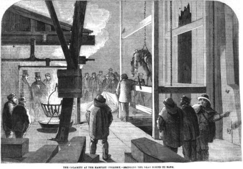 The calamity at the Hartley Colliery, bringing the dead bodies to bank, Illustrated Times