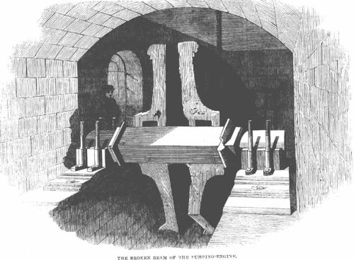 An engraving of a close view of the fractured beam at Hartley Colliery