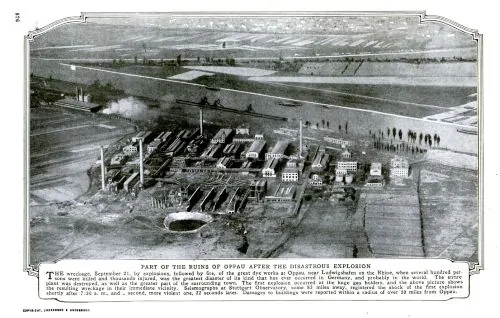 Aerial photograph of the damage from the Oppau Explosion from Popular Mechanics magazine, 1921