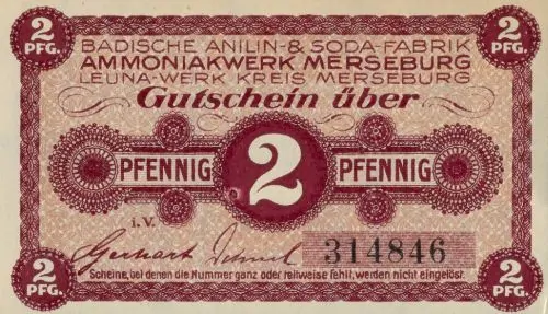 Company scrip from Badische Anilin- & Soda-Fabrik (BASF), 2 Pfennig Gutschein, ca. 1918