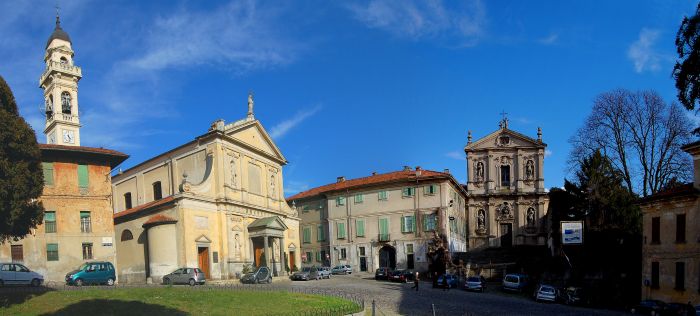 The sanctuary of the Holy Crucifix and Villa Antona Traversi , with the church of San Vittore in Meda