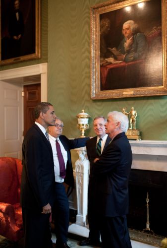 President Barack Obama meeting with Rep. Barney Frank, Sen. Dick Durbin, and Sen. Chris Dodd, at the White House prior to a financial regulatory reform announcement on June 17, 2009