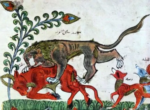 An illustration from an Arabic translation of a story in the ‘Pañcatantra,’ a collection of animal fables
