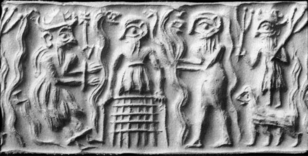 A cylinder seal of the god Dumuzid being tortured in the ancient Mesopotamian underworld by gallas