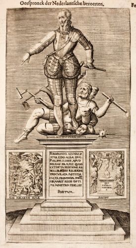 Engraving of the statue of Fernando Álvarez de Toledo in Antwerp by Jacques Jonghelinck