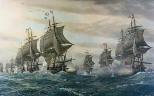 French (left) and British ships (right) at the Battle of the Chesapeake off Yorktown in 1781
