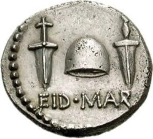 The Ides That Failed: What if Julius Caesar Had Survived? 4 Reverse side of the Ides of March coin (a denarius) issued by Caesar's assassin Brutus in the autumn of 42 BCE