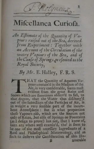 First page to volume I of Miscellanea curiosa published by the Royal Society (1705)