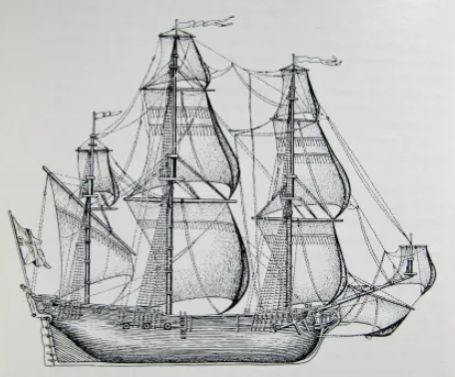 Drawing reconstructing HMS Paramore from sources (© Hakluyt Society (£), from Thrower, The Three Voyages of Edmond Halley)