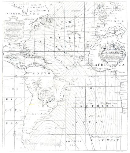 Halley's 1701 map showing isogonic lines of equal magnetic declination in the Atlantic Ocean