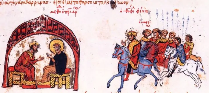 Miniature from the Manasses Chronicle depicting Patriarch Methodius I discussing matters with the emperor Theophilos