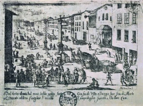 Melchiorre Gherardini, Piazza S. Babila, Milan, during a plague, using carts carry the dead for burial